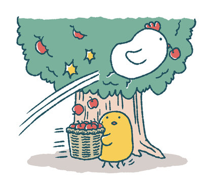 ゆるいにわとりとひよこは果物を狩る Stock イラスト Adobe Stock