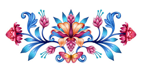 digital illustration, horizontal botanical pattern, red blue folklore floral motif isolated on...