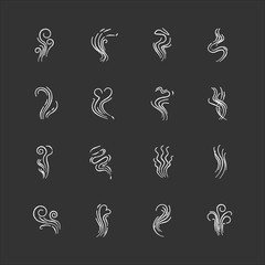 Odor chalk white icons set on black background. Good and bad smell. Heart shape odour, fluid, perfume scent. Evaporation flow. Aromatic fragrance. Fume swirls. Isolated vector chalkboard illustrations