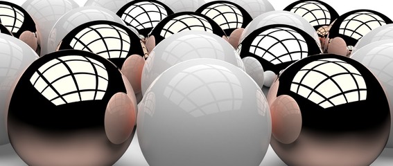 Diseño abstracto de esferas tridimensionales. ilustración realista en 3d de bolas metálicas y plásticas para presentación.