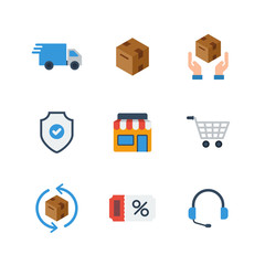 Shopping Delivery Packaging Discount Shop Colored Flat Icon Set Vector