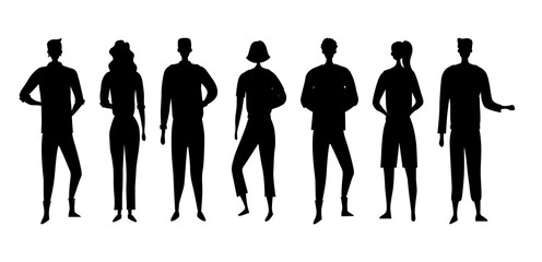Black Silhouettes Of People Men And Women Isolated On the White Background. Cartoon Flat Style. Vector Illustration