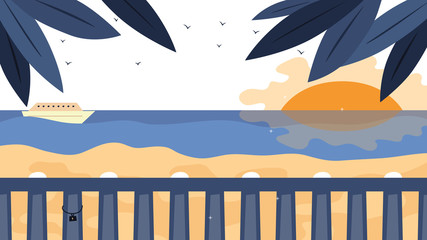 Fototapeta na wymiar Summer holidays Concept. Seaside Landscape With Palm Trees, Sun And Yacht. Cartoon Flat Style. Vector Illustration