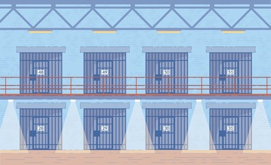 Prison Corridors Cells Doors Vector Background.