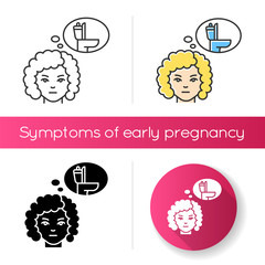 Frequent urination icon. Urgent need to pee. Early symptom of pregnancy. Woman thinking of toilet. Public restroom use for cystitis. Linear black and RGB color styles. Isolated vector illustrations
