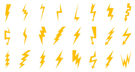 Set thunder and bolt lighting flash icon. Electric power thunderbolt, lightning bolt icon, dangerous sign – vector - obrazy, fototapety, plakaty