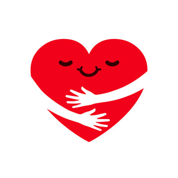 Hugging Charity Icon, Love Yourself, Family Community, Cute Cartoon Heart Character Hug, Heart With Hugging Arms, Hands Holding Heart, Self Care And Happiness - Stock Vector