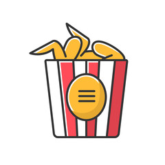 Paper bucket of chicken wings RGB color icon. Fast food menu dish. Crispy fried meat in cardboard package, box. Takeaway tasty restaurant meal. Isolated vector illustration