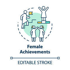Female achievements concept icon. Womens accomplishments. Professional success. Feminism. Woman power idea thin line illustration. Vector isolated outline RGB color drawing. Editable stroke