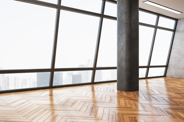 Minimalistic gallery interior with column and  wooden floor