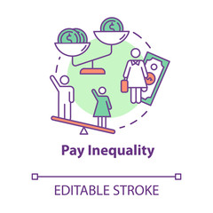 Pay inequality concept icon. Compensation discrimination. Salary inequity. Workplace fairness. Gender pay gap idea thin line illustration. Vector isolated outline RGB color drawing. Editable stroke