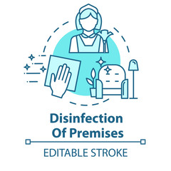 Disinfection of premises concept icon. Flu precaution. Cleaning service. Hand wiping furniture. Housework idea thin line illustration. Vector isolated outline RGB color drawing. Editable stroke
