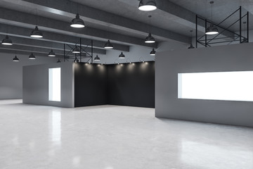 Modern gallery interior with empty banner
