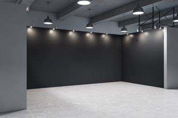 Minimalistic gallery interior with empty black wall