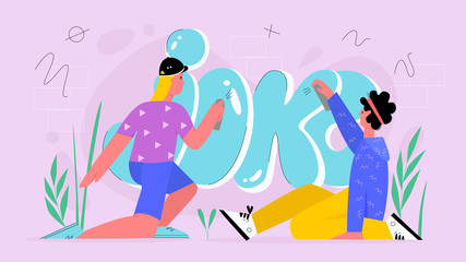 Teenagers drawing graffiti vector illustration. Teens, young people, children with spray paint cans flat characters. Street drawing, wall painting, vandalism, contemporary urban art