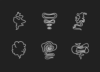 Odor chalk white icons set on black background. Smell from hookah. Aroma from cannabis. Cigarette stream. Bad scent. Hot mist. Incense, stench. Isolated vector chalkboard illustrations