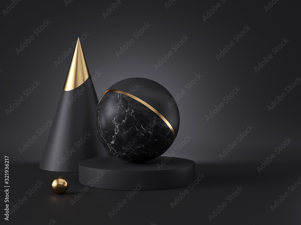 Poster 3d render, abstract minimalist geometric objects isolated on black background. marble texture, golde
