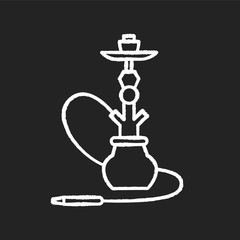 Hookah chalk white icon on black background. Sheesha house. Egyptian relaxation. Nargile lounge. Odor from pipe. Scent of vaporizing. Smoking area. Isolated vector chalkboard illustration