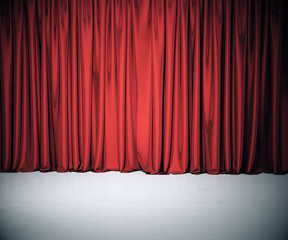 Stage with red curtain and concrete floor. - obrazy, fototapety, plakaty