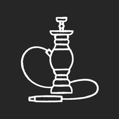 Hookah chalk white icon on black background. Sheesha house. Water pipe, bong. Nargile lounge. Odor from pipe. Scent of vaporizing. Smoking area. Isolated vector chalkboard illustration