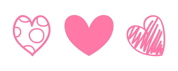 Different pink hearts on white. Abstract shape of heart on isolated background. Love symbol