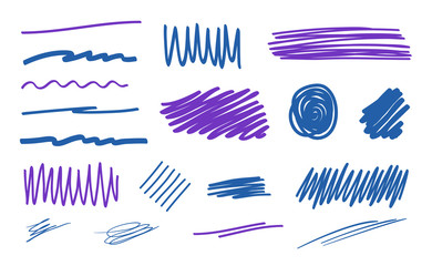 Hand drawn colorful underlines on white. Stroke chaotic patterns. Colored illustration. Sketchy elements for posters and flyers