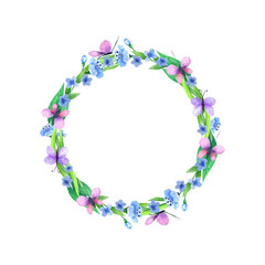 Decorative floral wreath. Hand drawn watercolor elements. Perfect for spring decorations.