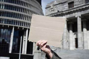 A hand holds up a picket sign outside a parliament building