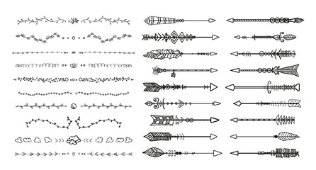 Black ornate dividers and bow arrows on white. Hand drawn ornate elements. Black and white illustration - obrazy, fototapety, plakaty