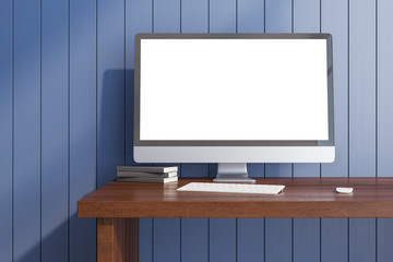 Creative designer desktop with empty white computer screen