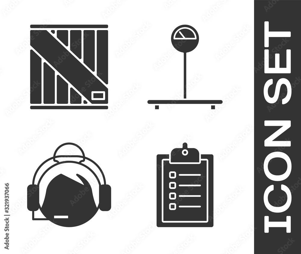Poster set verification of delivery list clipboard , wooden box , support operator in touch and scale icon.