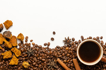 Chaga coffee with spice on the white background