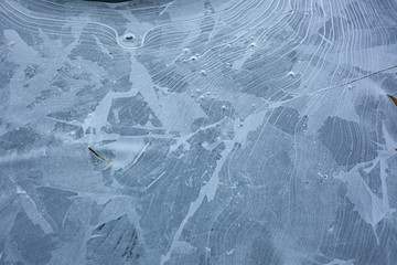 Beautiful texture of frozen water. Ice surface on the river. Natural background of a cold shade....