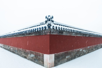 The red wall in Temple of Heaven in snow