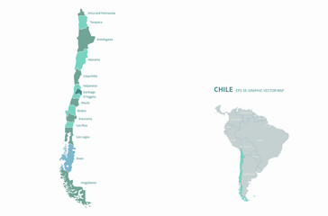 graphic vector of chile map. latin america countries map. south america. santiago map. - obrazy, fototapety, plakaty