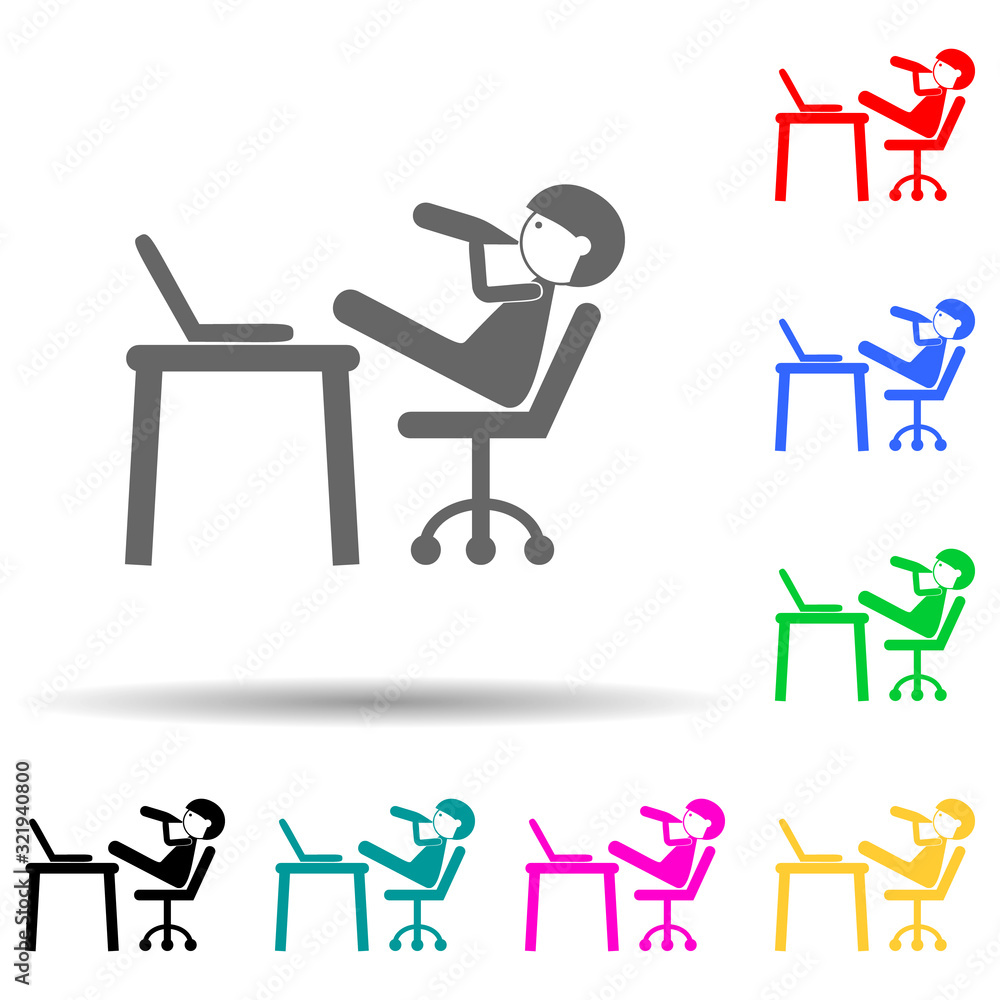 Poster young man at the computer multi color style icon. simple glyph, flat vector of family icons for ui a