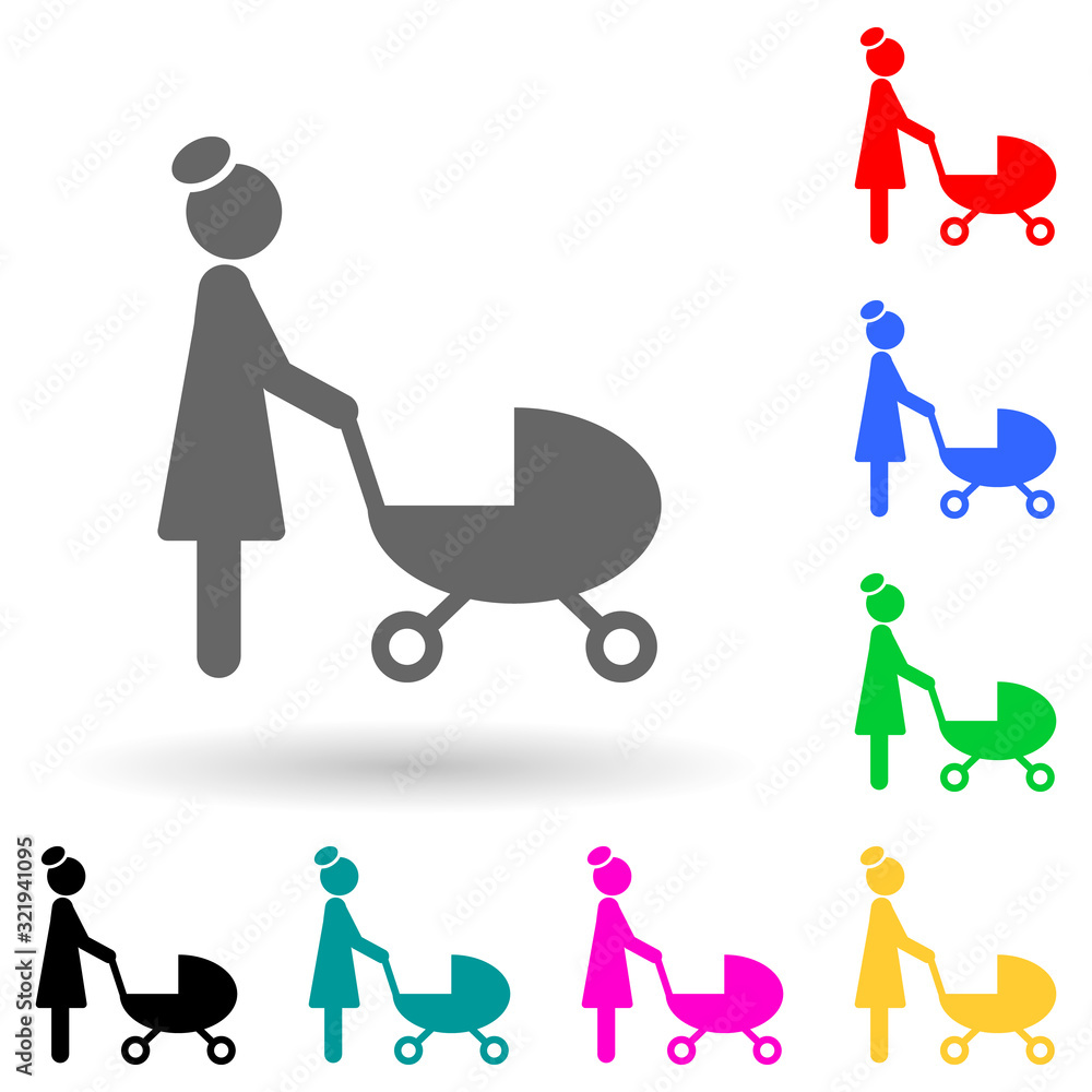 Poster mother with a stroller multi color style icon. simple glyph, flat vector of family icons for ui and 
