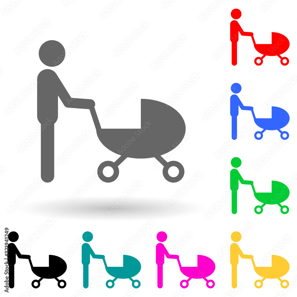 Poster father with a stroller multi color style icon. simple glyph, flat vector of family icons for ui and 