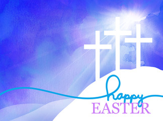 Easter background design of three white crosses on watercolor blue sunrise background with Happy Easter typography written in blue and purple, Religious Christian holiday design