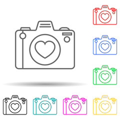 camera with a lens of the heart multi color style icon. Simple thin line, outline vector of valentine icons for ui and ux, website or mobile application