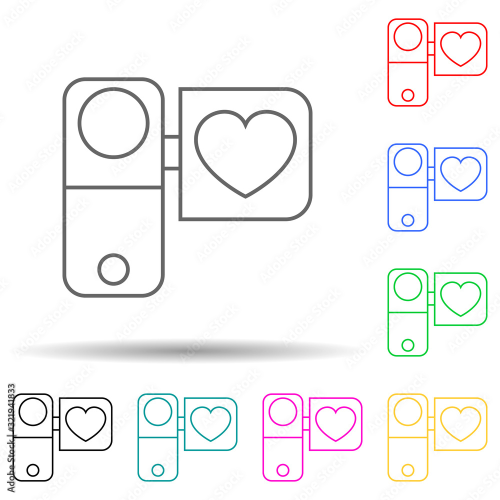 Poster video camera with heart multi color style icon. simple thin line, outline vector of valentine icons 