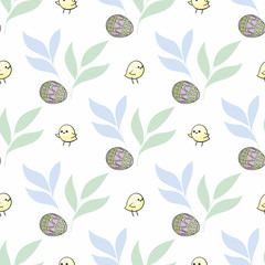 Easter seamless pattern with cute chickens and colored eggs. Colorful vector background.