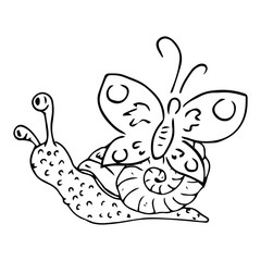Snail and butterfly doodle. Vector illustration of a cartoon butterfly with a snail. Hand drawn funny snail and butterfly.