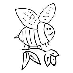 Bee on a flower. Vector illustration of a cartoon bee. Hand drawn funny bee and flower.