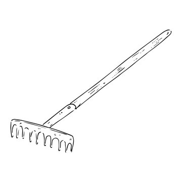 Rake icon. Vector illustration of a garden rake. Hand drawn rake for the garden.