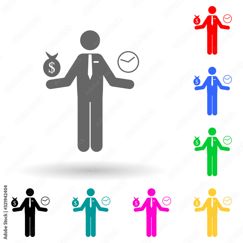 Poster man with money and time on his hands multi color style icon. simple glyph, flat vector of finance ic