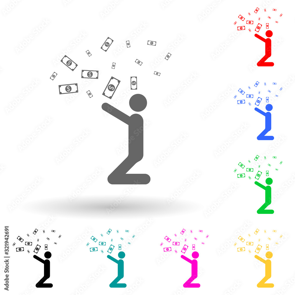 Poster a man throws money multi color style icon. simple glyph, flat vector of finance icons for ui and ux,