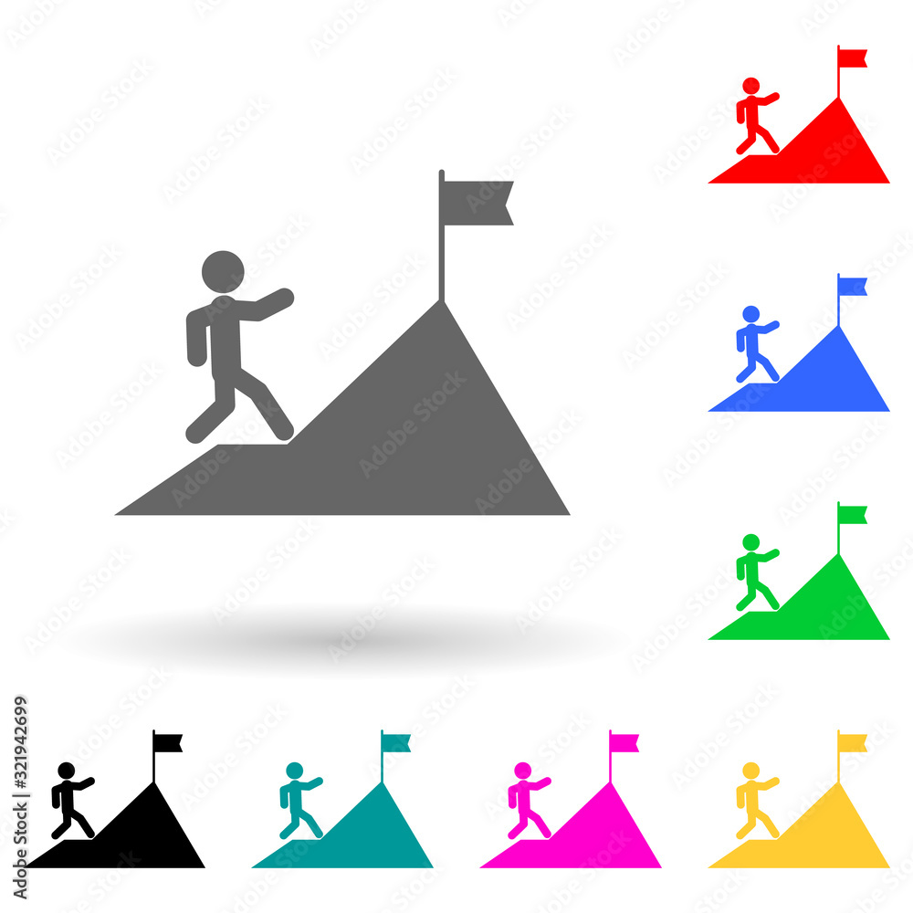 Poster a man climbs a mountain multi color style icon. simple glyph, flat vector of finance icons for ui an