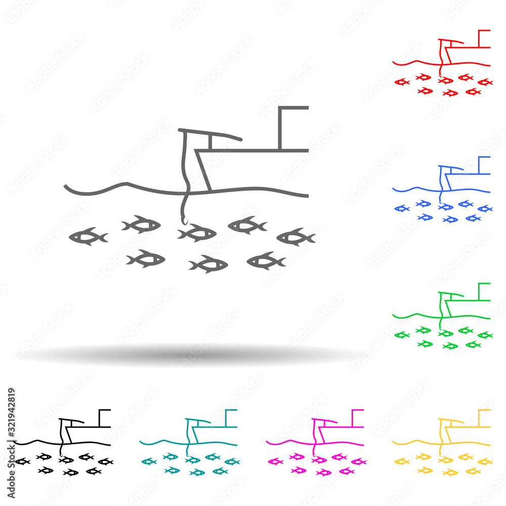 Poster fishing from the ship multi color style icon. simple thin line, outline vector of fish production ic