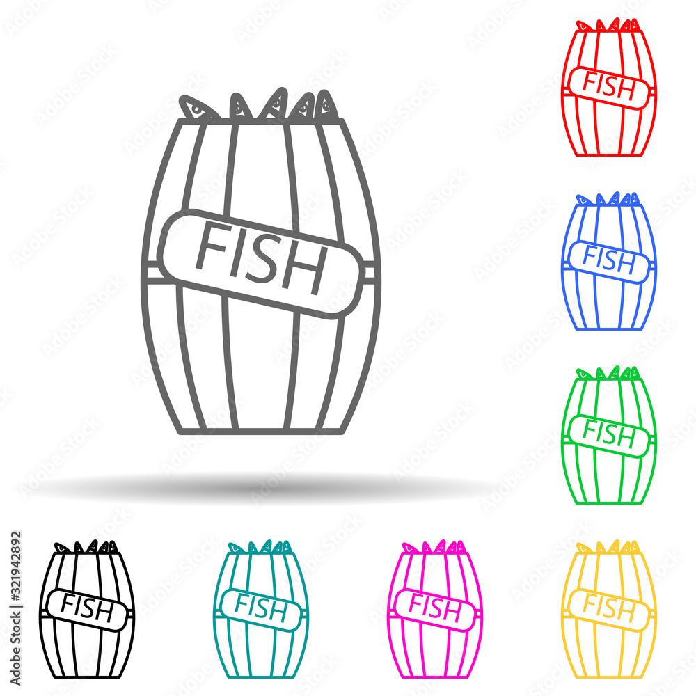 Poster fish in a barrel multi color style icon. simple thin line, outline vector of fish production icons f